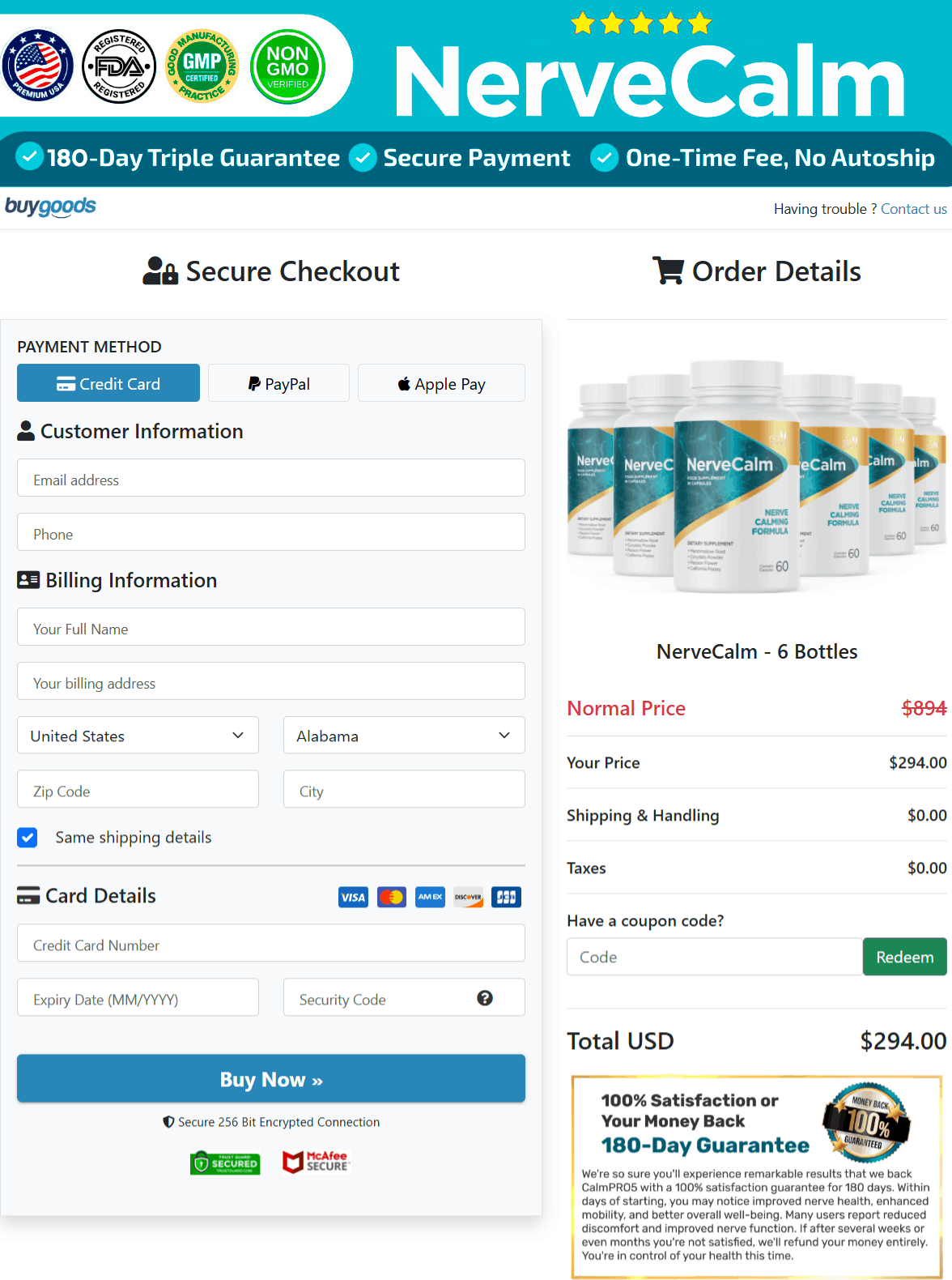 Nerve calm Checkout page